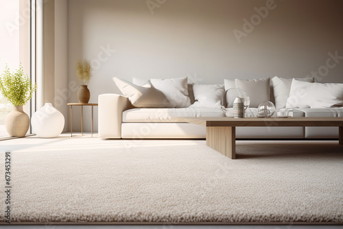 3D model rendering inteior design of modern living room with beige sofa, table and carpet photo