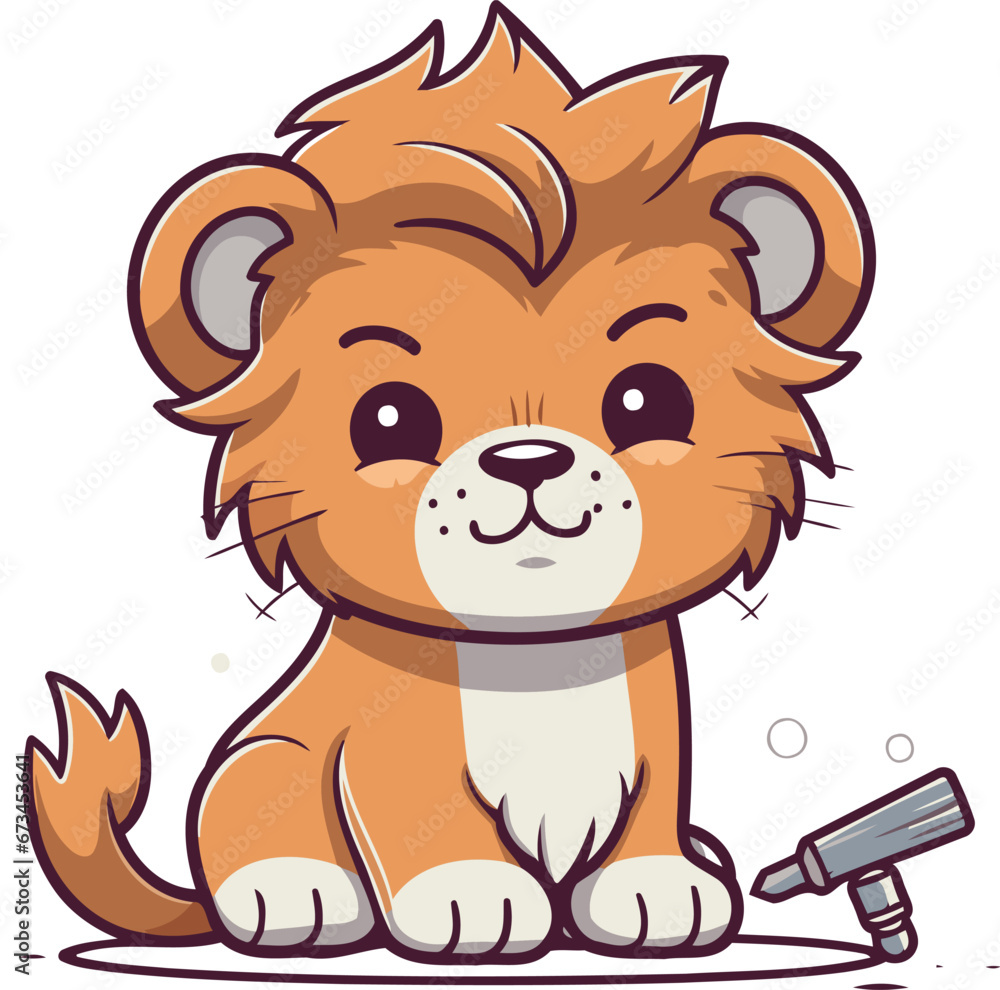Cute little cartoon lion with magnifying glass. Vector illustration.
