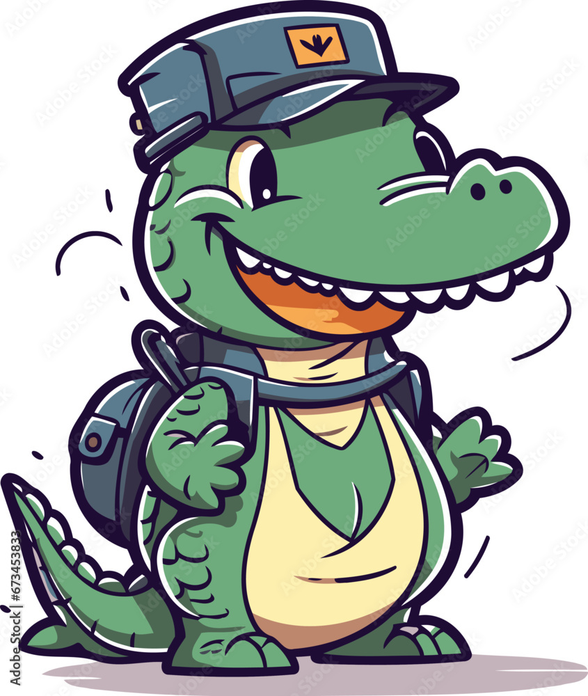Obraz premium Crocodile in a cap and with a camera. Vector illustration.