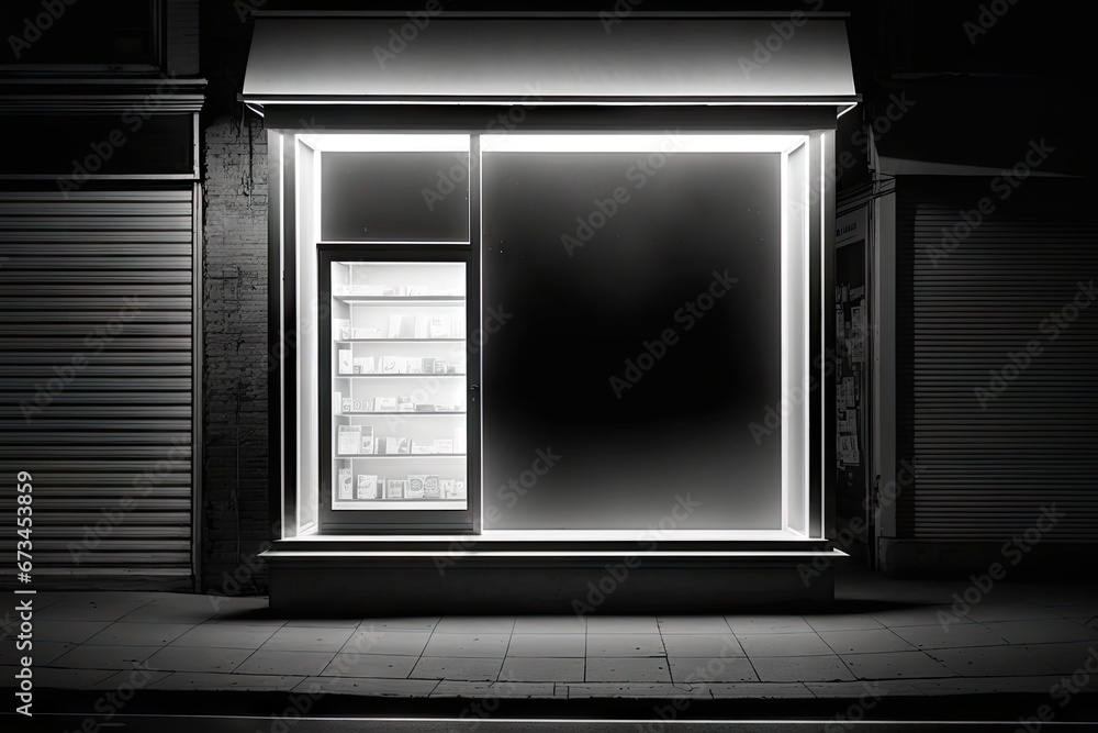 A vertical shot of a closed shop window with a white light inside A vertical shot of a closed shop window with a white light inside
