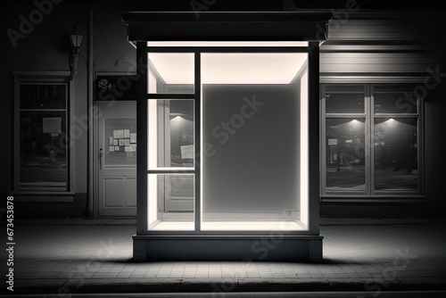An empty shop window in a dark room