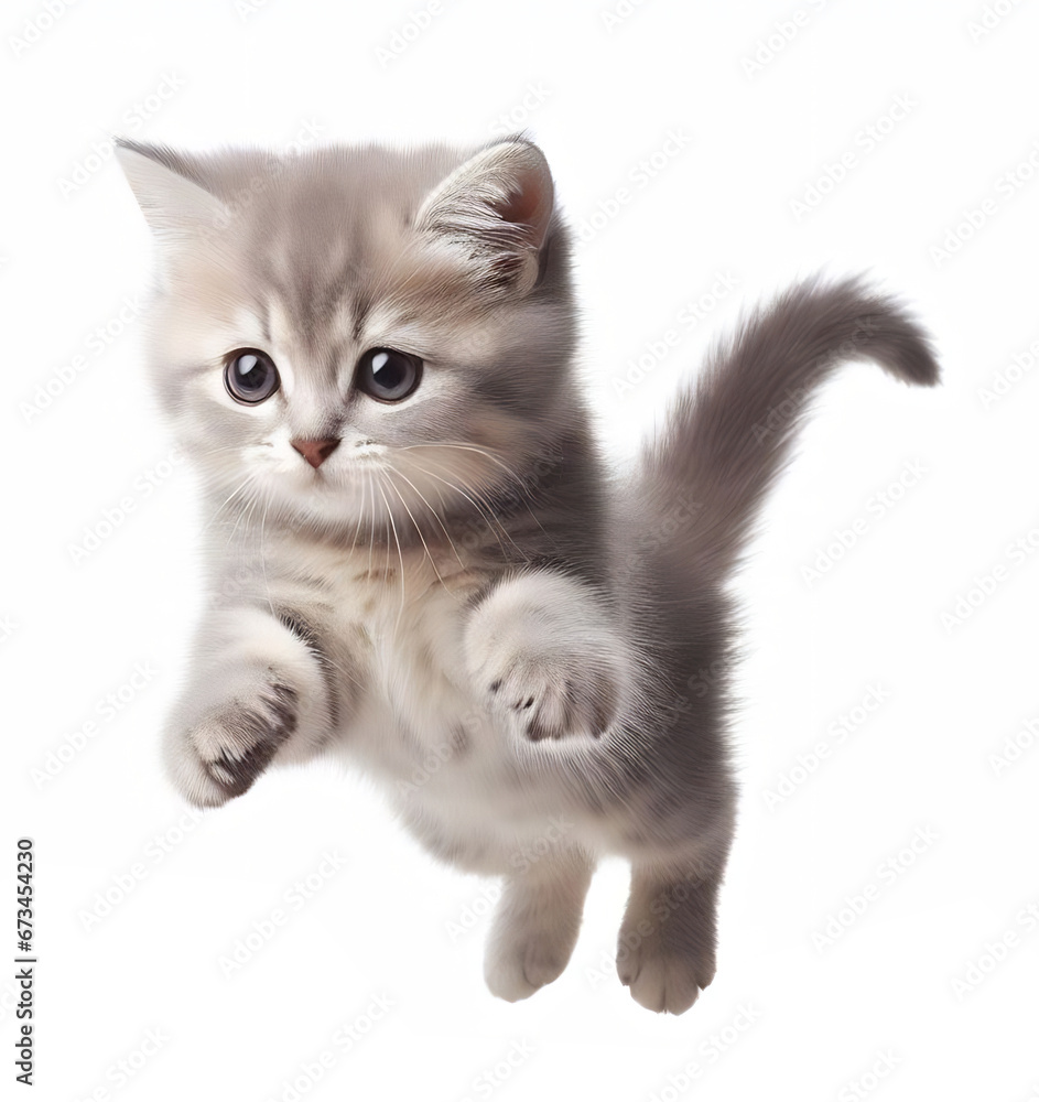 Obraz premium Jumping kitten, caught mid leap in the air, isolated on white background