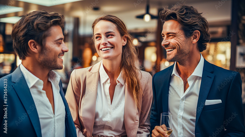 group of business people standing together chat, discuss and laugh group of business people standing together chat, discuss and laugh