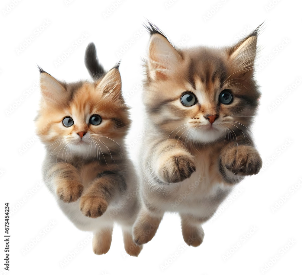 Jumping kittens, caught mid leap in the air, isolated on white background