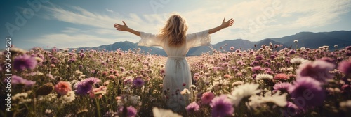 A blonde woman stands in a field of flowers and spreads her arms, rearview, mountains, spring, summer