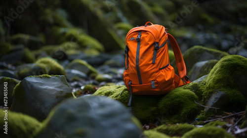 Fototapeta Naklejka Na Ścianę i Meble -  an orange children backpack laying on a mossy rock shot