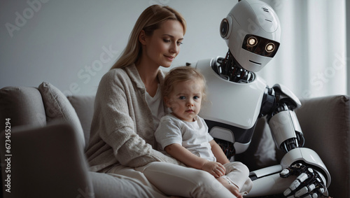 A futuristic vision of the near future suggests that robots could replace humans in many areas, including babysitting. Robot nanny takes care of children, walks with them and educates them photo
