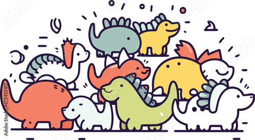 Cute doodle hand drawn vector illustration of cute cartoon dinosaurs