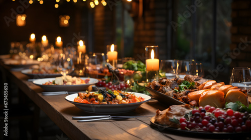 christmas dinner table setting  grilled meat with vegetables  candles on the table