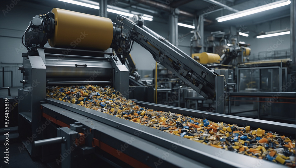 An industrial enterprise processes plastic waste. Machines on the conveyor are sent for waste disposal. The process of sorting and recycling waste with dual purpose. Recovering plastic for reuse