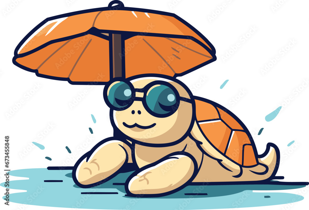 Cute cartoon turtle in sunglasses with an umbrella. Vector illustration.