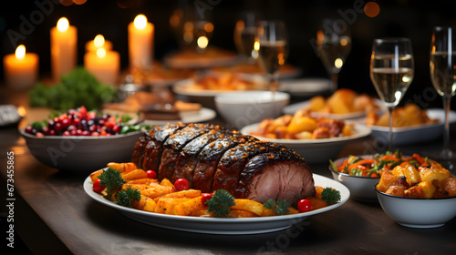 christmas dinner table setting, grilled meat with vegetables, candles on the table