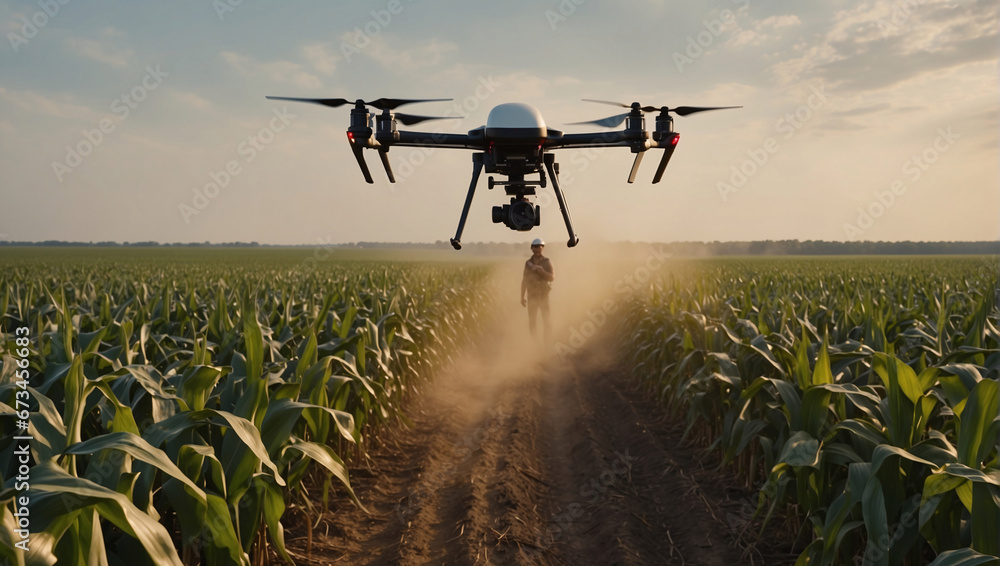 Agriculture is undergoing a true digital revolution, and farmers are increasingly using drones to monitor their fields. Technological drones help collect valuable data on soil quality and crop yields - obrazy, fototapety, plakaty 