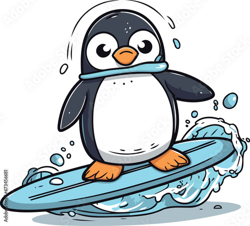 Penguin surfing on surfboard. Cute cartoon vector illustration.