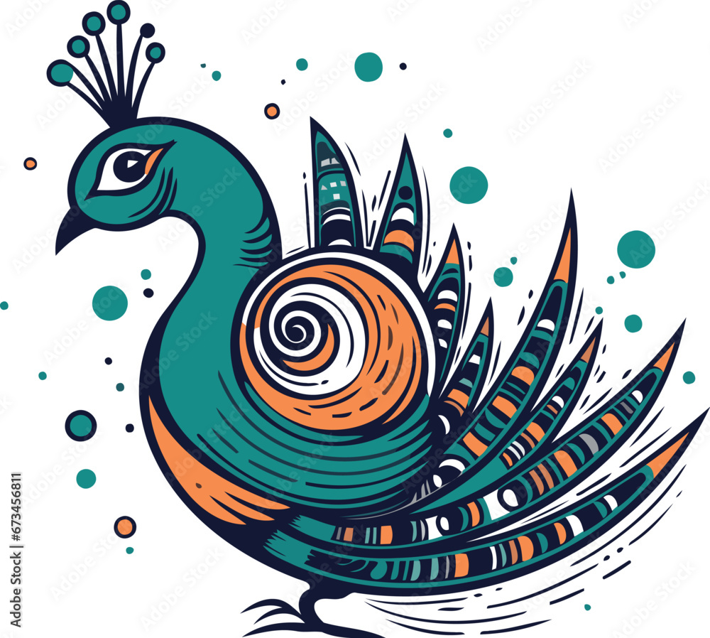 Fototapeta premium Peacock. Hand drawn vector illustration in cartoon style. Isolated on white background.