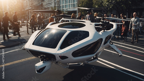 Unmanned passenger drones and air mobility of the future city. Yellow electric vertical takeoff and landing (eVTOL). The Urban Air Mobility concept is being brought to life photo