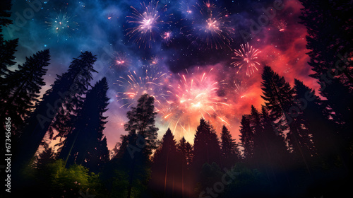 A stunning fireworks display takes place in the night sky above a forest of trees. 