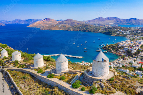 Picturesque village of Agia Marina, windmills and castle of Panteli in Leros island, Greece photo