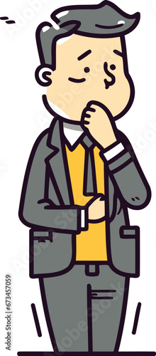Thinking businessman with briefcase. Vector illustration in thin line style.