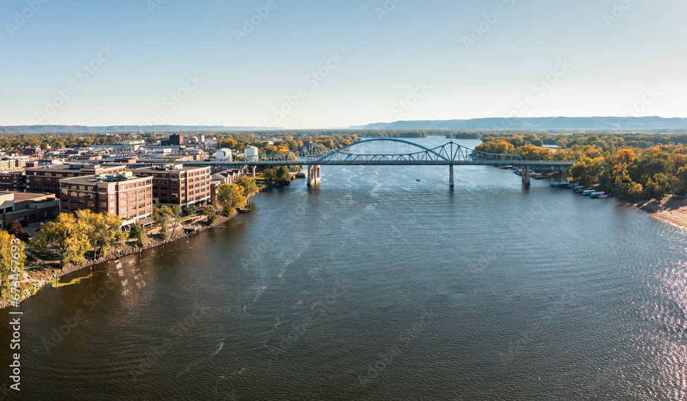 Aerial panorama of the Mississippi River and Purple Heart Memorial Highway in La Crosse, Wisconsin