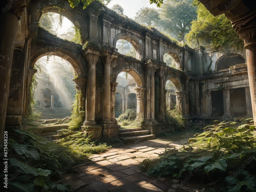 An abandoned ancient building, surrounded by dense forest, the building is made of stone, the roof of the building has collapsed and the walls are covered with cracks, apocalypse, after catastrophe