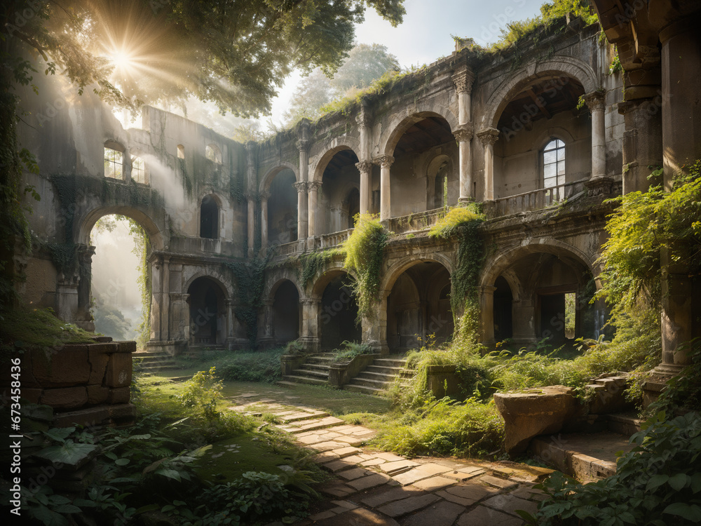 An abandoned ancient building, surrounded by dense forest, the building is made of stone, the roof of the building has collapsed and the walls are covered with cracks, apocalypse, after catastrophe