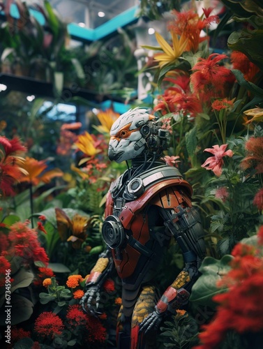 a robotic bird alien sitting in front of flowers and plants with an array of red, photo