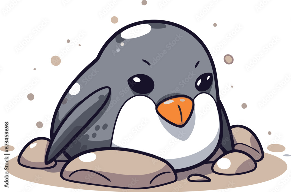 Naklejka premium Cute penguin sitting on the rock. Cartoon vector illustration.