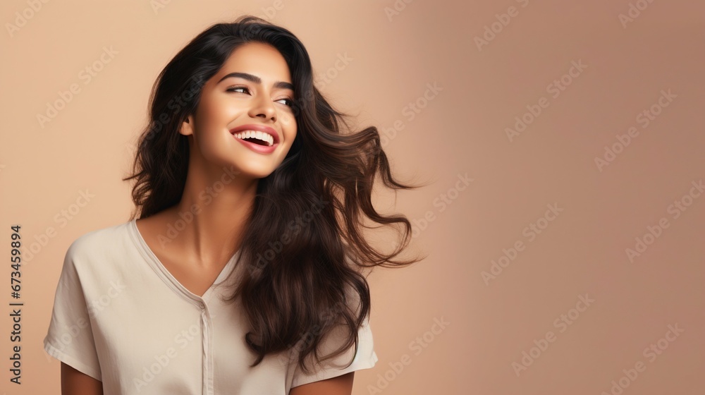 Radiant Elegance: Modern Indian Beauty Portrait on Light Studio Backdrop. Generative ai Radiant Elegance: Modern Indian Beauty Portrait on Light Studio Backdrop. Generative ai