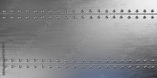 Polished steel with metal rivets. Scratched metallic background, metal alloy frame