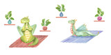 Dragons is practicing yoga exercises on mat. Animal doing stretching and meditating. Ficus in ceramic pots. Stylish cartoon animals among home plants. Watercolor illustration