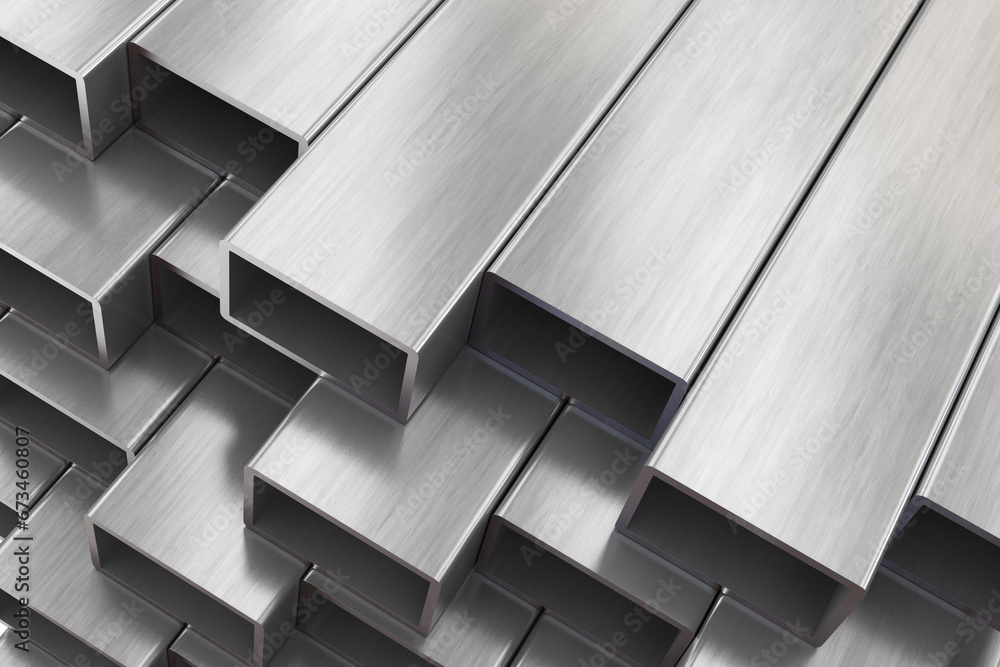 Aluminium or steel profiles for windows manufacturing. Stack of aluminium or steel profiles in warehouse. - obrazy, fototapety, plakaty 