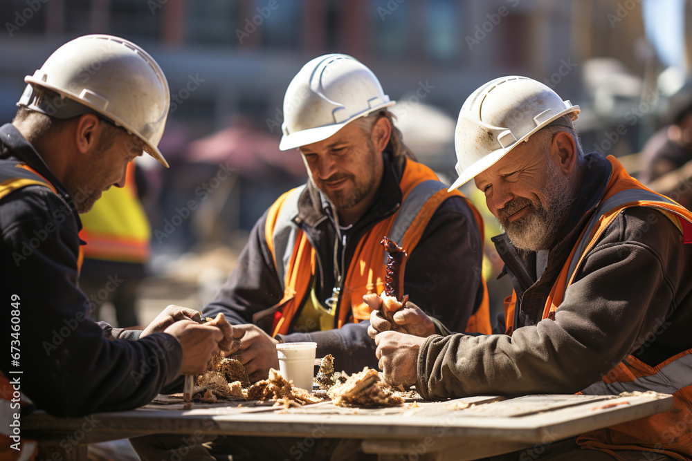 Construction workers eating lunch on a construction site during their lunch break. Eat fast food. - obrazy, fototapety, plakaty 