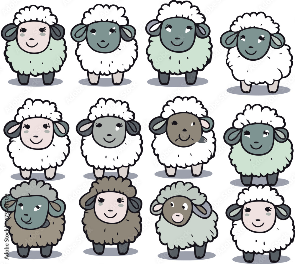 Fototapeta premium Cute cartoon sheeps collection. Vector illustration isolated on white background.