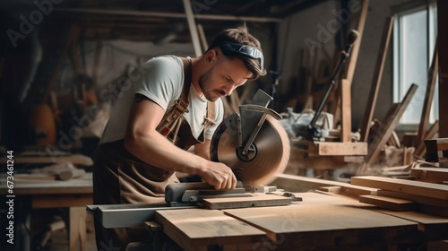 Crafting Precision: Young Carpenter Slicing Wood with Saw Machine at Workshop. Generative ai