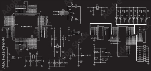Vector electrical schematic diagram of a digital
electronic device with led indicators, operating under 
the control of a microcontroller.
Technical (engineering) drawing.