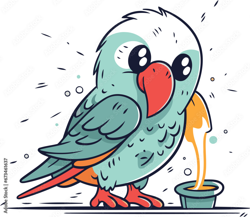Cute parrot with a bowl of food. Vector illustration. Cute parrot with a bowl of food. Vector illustration.