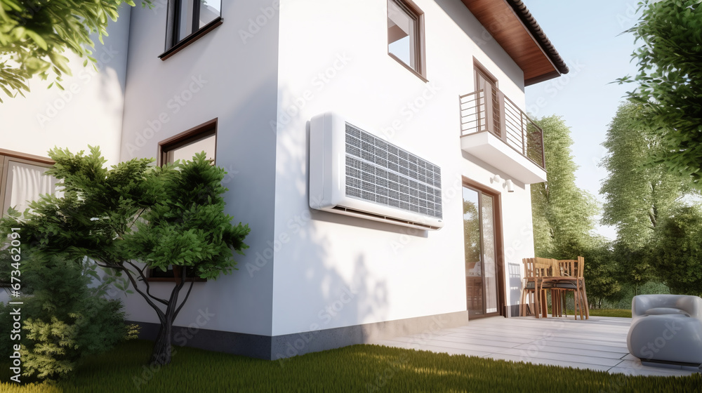 heat pump outside on a house facade as heating technology