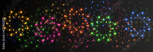Multicolored fireworks explosions png. Fireworks of different shapes. Pyrotechnics, fireworks. Festive image.