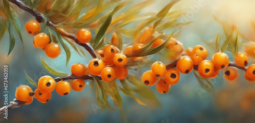 The harvest of sea-buckthorn on the branches. Generative AI.