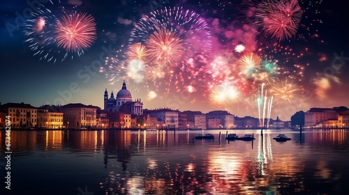 Colourful Fireworks in Venice and Reflection in Water. Festive fireworks over the Canal Grande in Venice