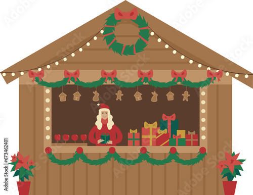Christmas market pavilion with gift boxes apples and gingerbreads