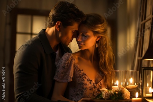 "Romantische Kerzenschein-Magie: Ein Liebespaar verzaubert sich bei warmem Kerzenlicht mit innigen Blicken"