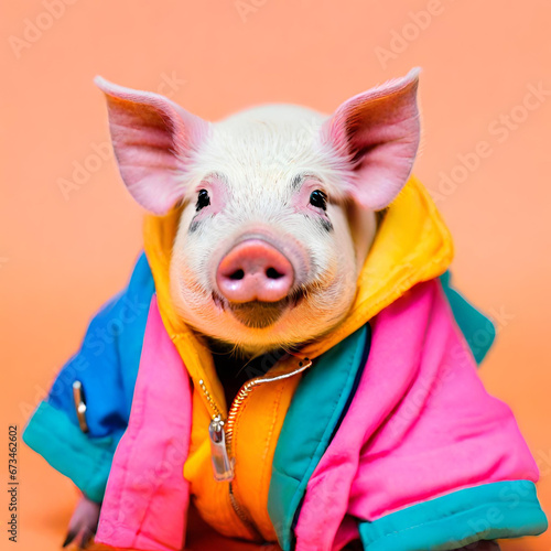 bright portrait of a pig in a jacket created with generative ai technology