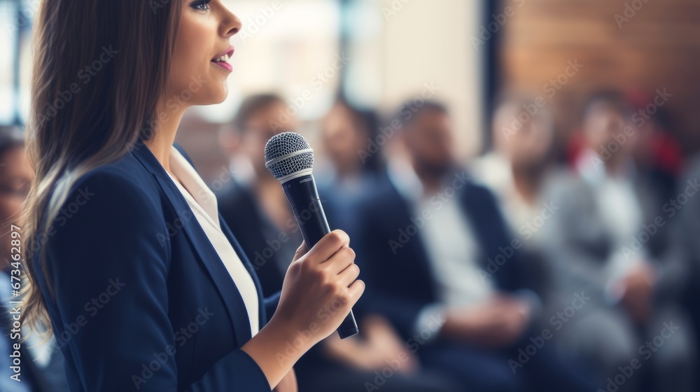 Close up view of woman giving speech at business meeting - obrazy, fototapety, plakaty 