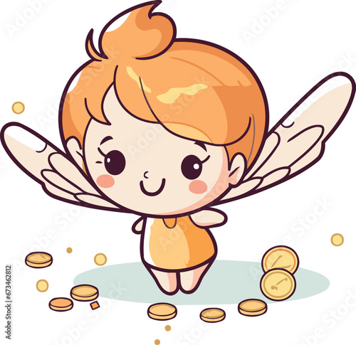 Cute little angel with a lot of coins. Vector illustration.