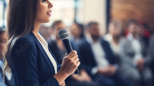 Close up view of woman giving speech at business meeting photo