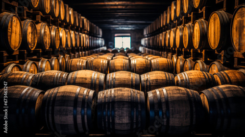 Art of Distillation: Whiskey, Bourbon, Scotch Barrels in an Aging Facility
