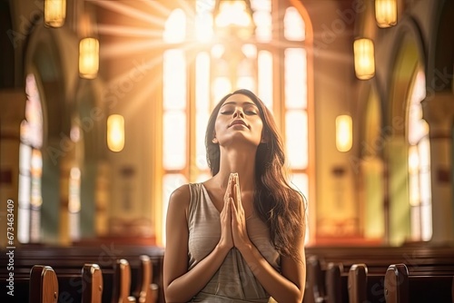 elegant beautiful woman 50 years old praying to god in church