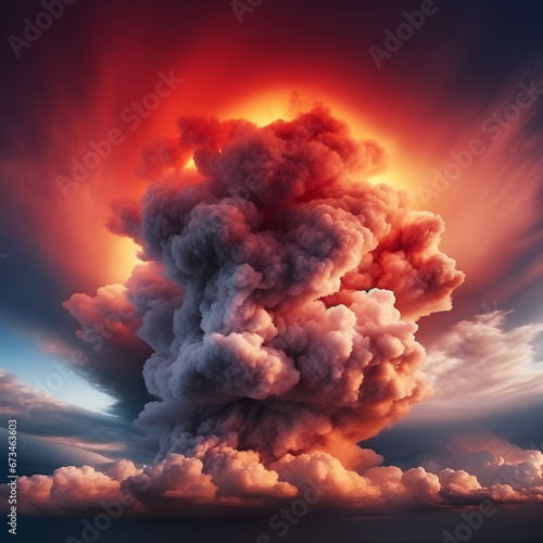 The red burning clouds look spectacular against the background of blue sky and white clouds, high speed continuous shooting, Diabolic, 8K, HDR
